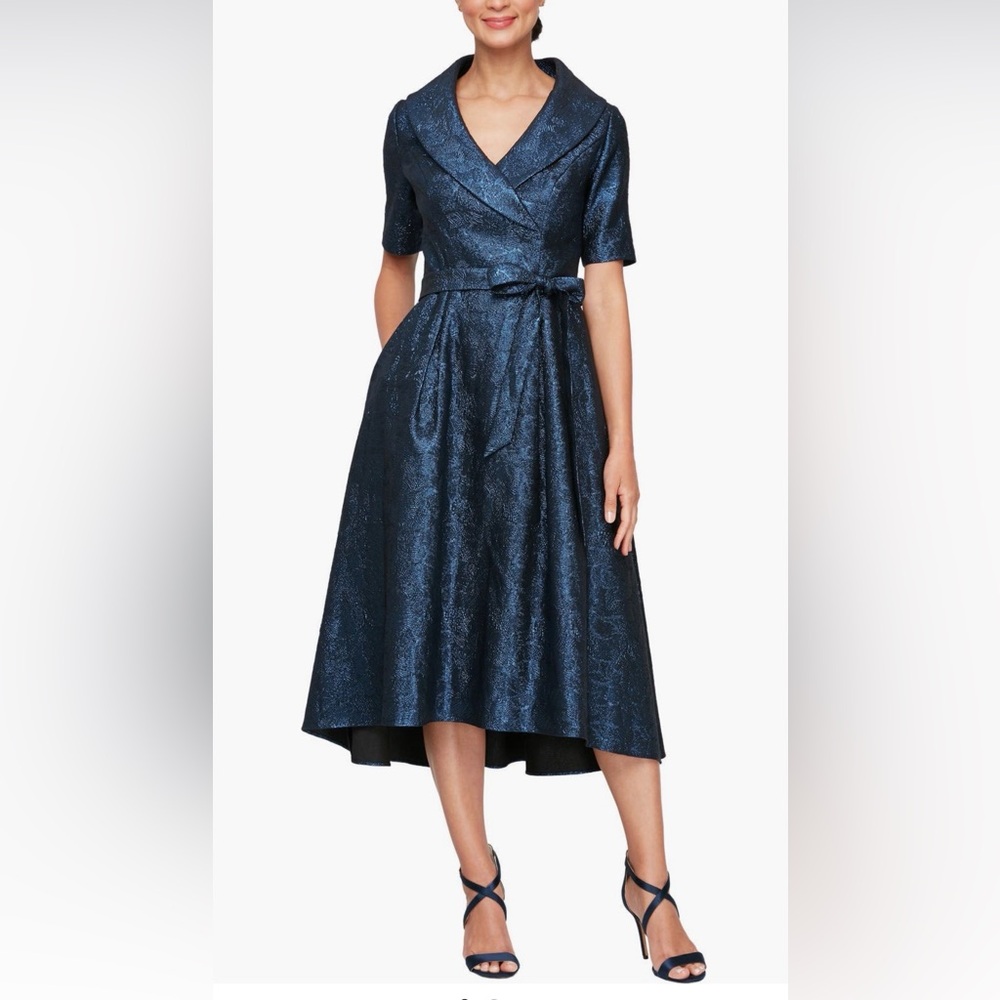 Alex Evenings Blue Jacquard Portrait Collar Cocktail Midi Dress